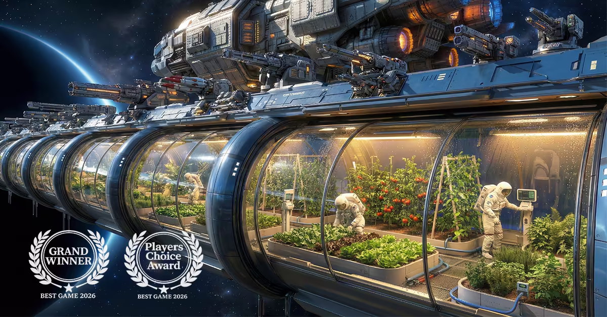 Project Entropy — space station greenhouse with astronauts tending crops