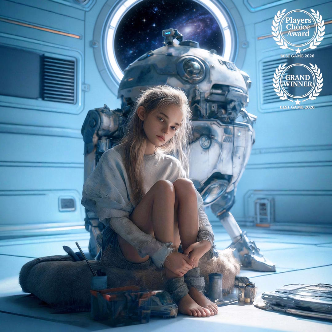 Project Entropy — character and robot in a sci-fi cabin with a galaxy view